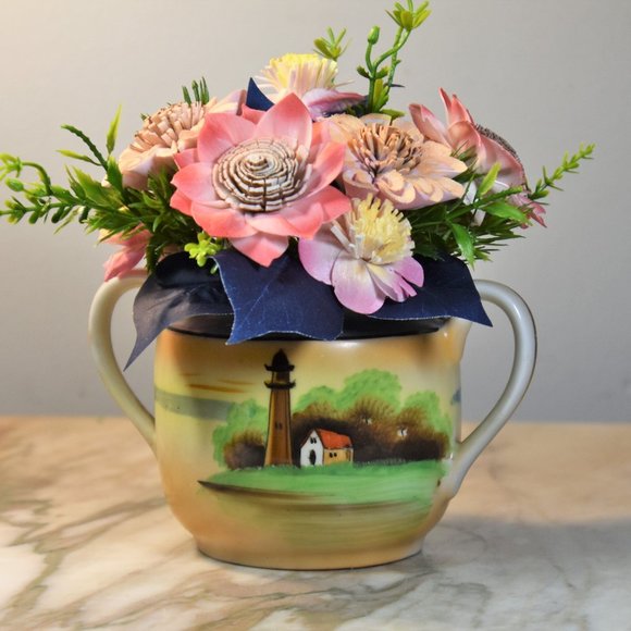 Antique lusterware hand painted lighthouse sugar bowl with Sola Wood flowers - Picture 8 of 9